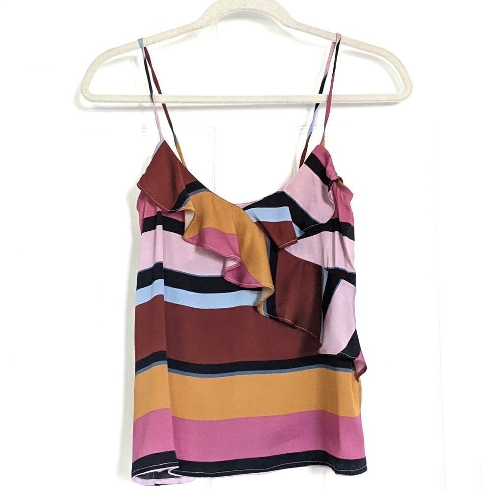 Tucker Assymetical Ruffle Tank Top Mesa Stripe in Stretch Georgette Silk Blouse